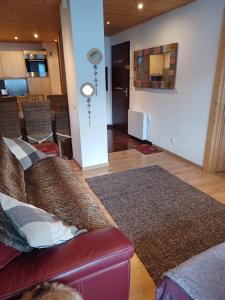 ein Wohnzimmer mit einem Sofa und einem Teppich in der Unterkunft Le Fayard in Arâches-la-Frasse
