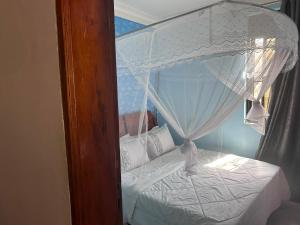 a bedroom with a canopy bed with white curtains at Safari Lake view apartments, Muyenga in Kampala