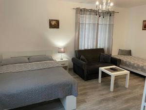 1 dormitorio con 1 cama, 1 sofá y 1 silla en NONIEWICZA CENTRUM, en Suwałki