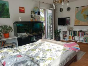 a living room with a bed and a fish tank at Safari house - dom podróżnika in Gdynia