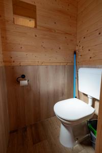 a bathroom with a white toilet in a wooden room at Family Woodlodge High Chaparral in Oorsbeek +14 photos