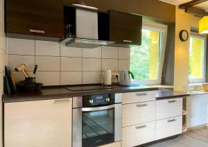 een keuken met een fornuis top oven naast een raam bij Jaukus butas gražiame name su sodu in Druskininkai