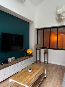 a living room with a large flat screen tv at L Usine Loft Spa Privé Centre Ville et garage Privé in Concarneau +7 photos