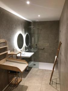 a bathroom with a sink and a shower with mirrors at Auberge les Oliviers in Lucciana