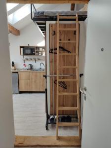 a kitchen with a loft bed and a ladder at Potkrovlje u centru in Sarajevo