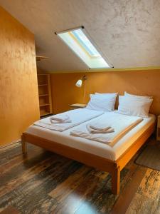 um quarto com uma cama grande e uma clarabóia em Apartment No10 em Golubac