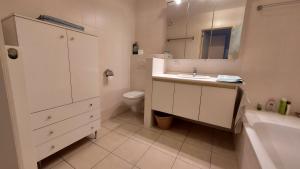 a bathroom with a sink and a toilet and a mirror at Botticelli in Koksijde +28 photos