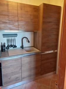 a kitchen with wooden cabinets and a sink at Casa vacanza Petrari Residence Alt Air in Ovindoli