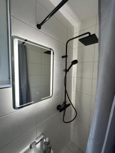 不來梅港的住宿－One100 I Appartment am Schaufenster Fischereihafen，带淋浴和镜子的浴室