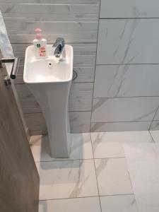 Un baño con un lavabo blanco en una habitación. en Intercultural Apartment Nairobi Two Rivers, en Nairobi