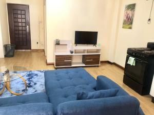 a living room with a blue couch and a tv at LouieVille One Bedroom Apartment in Lusaka