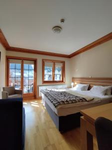 1 dormitorio grande con 1 cama grande y ventanas en Apartment 216 NiM Vučko, en Jahorina