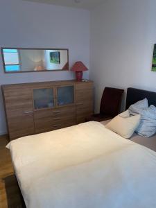 a bedroom with a bed and a dresser with a mirror at Schöne 2,5 Zimmer Wohnung in Dortmund-Hörde Phönix! in Dortmund