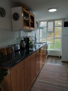 a kitchen with wooden cabinets and a black counter top at Cabana La Plai Est - idyllic natural setting in Vatra Dornei