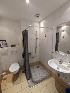 La salle de bains est pourvue d'une douche, de toilettes et d'un lavabo. dans l'établissement Pension am Park, à Pforzheim