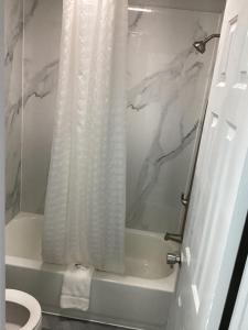 a bathroom with a white shower curtain and a toilet at Pleasanton Executive Inn in Pleasanton