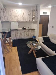 een woonkamer met een bank en een tafel bij Sara apartman in Novi Grad