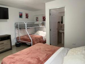 1 dormitorio con 2 literas y baño en Gavidias Guest House, en San Lorenzo