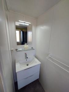 Baño blanco con lavabo y espejo en Cottage flottant terrasse jacuzzi option aux Portes de Dijon 