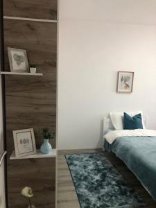 1 dormitorio con cama y alfombra azul en Apartment Prizren New and Modern, en Prizren