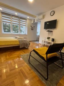a bedroom with a bed and a chair and a television at Tesla View Apartment in Belgrade
