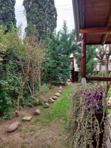 un jardín con árboles y rocas y una casa en Cabañas Qinti en San Pedro