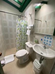 a bathroom with a white toilet and a sink at Posada La Rioja in Villa de Leyva