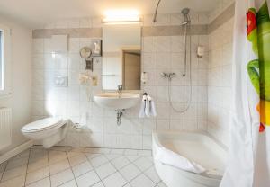 ein Bad mit einem Waschbecken, einem WC und einer Dusche in der Unterkunft Kulturhotel Kaiserhof in Bad Liebenstein