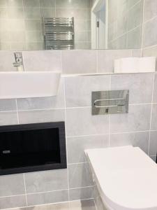 a bathroom with a toilet and a sink and a mirror at Ace Apartments in Barking