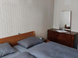 um quarto com 2 camas, uma cómoda e um espelho em Domačija pri Ivankovih em Osilnica