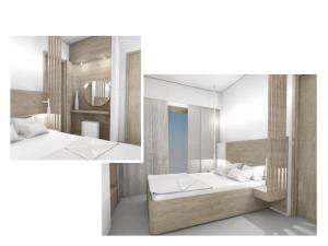 two pictures of a bedroom with a mirror and a bed at Hotel Koala in Kos