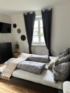 1 dormitorio con 1 cama grande y ventana en Gemütliche Wohnung in zentraler Lage, en Graz