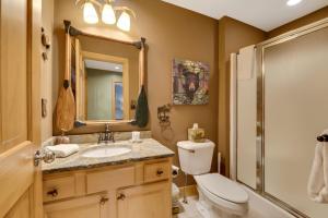 a bathroom with a toilet and a sink and a shower at 734 Disciples Village Condo in Boyne Falls +27 photos