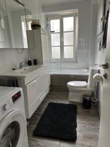 bagno bianco con servizi igienici e lavandino di Gemütliche Wohnung in zentraler Lage a Graz