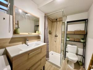 a bathroom with a sink and a toilet and a shower at Petit Studio Charmant in Toulon +17 photos