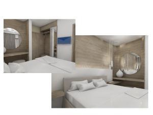 Habitación con cama blanca y espejo. en Hotel Koala en Cos