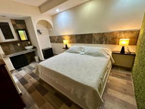 a bedroom with a bed and two lamps on two tables at Hotel Condominium La Posada de Bucerias in Bucerías