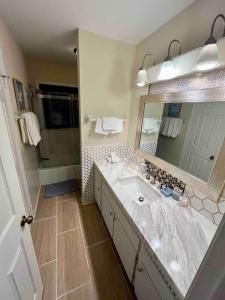 y baño con lavabo, ducha y espejo. en Beautiful New Everything 3BD House in Hayfield, en Alexandria