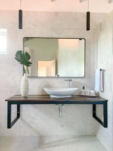 a bathroom with a sink and a mirror at Villa III in Lance aux Épines