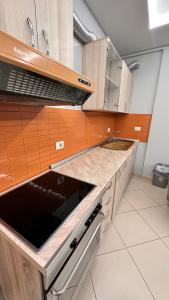 eine Küche mit Holzschränken und einem Waschbecken in der Unterkunft Tirana Apartment in Kashari