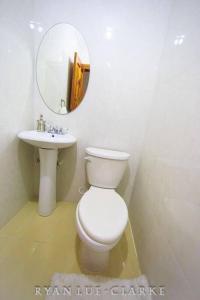a bathroom with a white toilet and a sink at Shan's Manor.... Excellent Location!!! in Kingston
