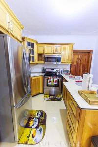 a kitchen with wooden cabinets and a stainless steel refrigerator at Shan's Manor.... Excellent Location!!! in Kingston