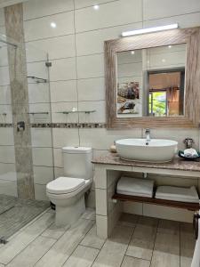 y baño con aseo, lavabo y espejo. en Villa Charme de L'ile, en La Réunion