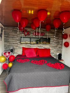 Un dormitorio con una cama con globos rojos. en Cabaña Los Cedros, en La Vega