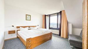 sypialnia z łóżkiem i dużym oknem w obiekcie Vintage Hotel Petrisberg w Trewirze