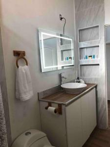 La salle de bains est pourvue de toilettes, d'un lavabo et d'un miroir. dans l'établissement Apartment in Puerto Nuevo, 