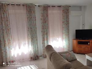 a living room with a couch and some curtains at Apartamentos Almenas in Écija