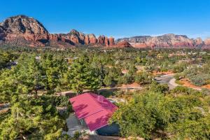 an aerial view of a valley with red rocks at Trendy 3BR in Sedona: Hot Tub/Fire-pit /Central Location in Sedona