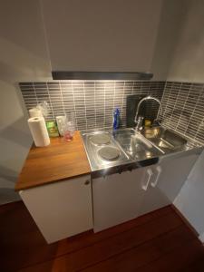 a small kitchen with a sink and a counter at Sleep with the stars in Oslo