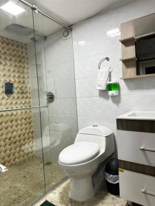 La salle de bains est pourvue de toilettes et d'une douche en verre. dans l'établissement Apartamentos Quimbaya, à Quimbaya